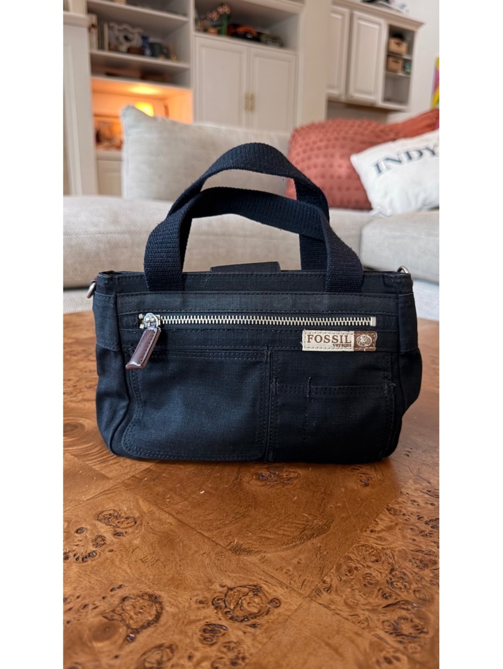Fossil Small Black Canvas Mini Tote Bag with Zipper and Snap Closure